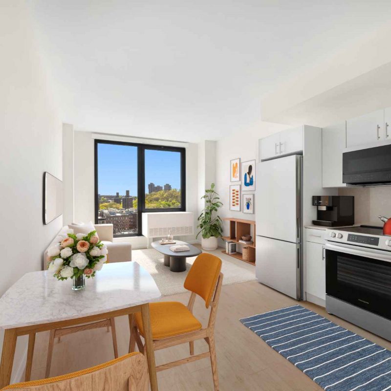 Tryon North apartment interior at 4778 Broadway featuring living room & kitchen with outdoor terrace.